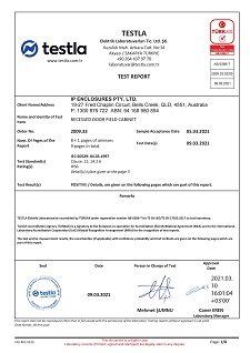 IP Enclosures Test Certificate Extract - TS EN 60529 IP66 Field Cabinet